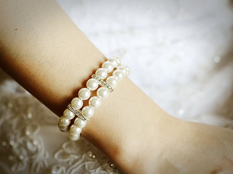 Bridal Bracelet, Swarovski Pearl Wedding Bracelet, Crystal Rhinestone Statement Bracelet Cuff, Silver or Gold Wedding Bridal Jewelry, MARCIA image 1