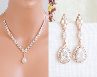 Crystal Bridal Necklace Earring SET, Rose Gold, Wedding Jewelry Set, Marquise Teardrop Dangle Wedding Earrings, Y Drop Bridal Necklace, JANE