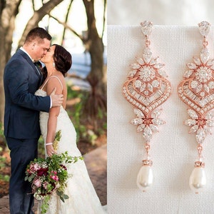 Rose Gold Bridal Earrings, Wedding Earrings, Long Statement Earrings, Crystal Bridal Jewelry, Swarovski Pearl Chandelier Earrings, EZMAE