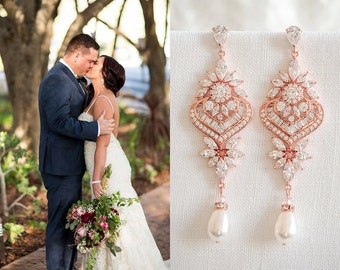 Rose Gold Bridal Earrings, Wedding Earrings, Long Statement Earrings, Crystal Bridal Jewelry, Swarovski Pearl Chandelier Earrings, EZMAE