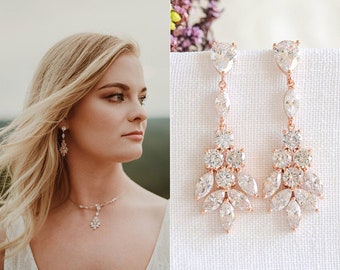 Rose Gold Bridal Earrings, Wedding Bridal Jewelry, Wedding Earrings, Crystal Cluster Dangle Drop Earrings, Flower Leaf Earrings, ODETTE