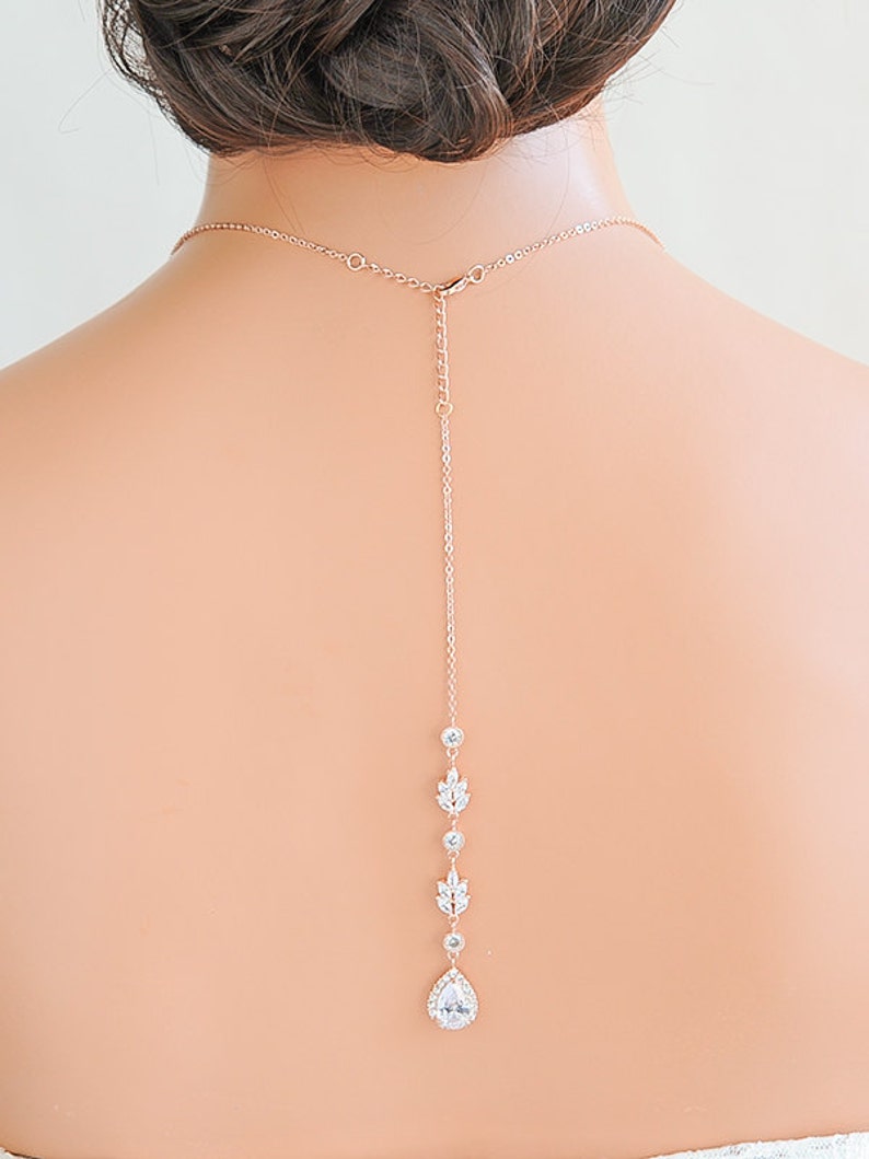 Rose Gold Back Drop Bridal Necklace, Backdrop Necklace, Crystal Leaf Necklace, Back Necklace, Teardrop Necklace, Bridal Wedding Jewelry, EVA image 9