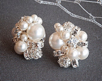 Pearl Cluster Bridal Earrings, Rhinestone and Pearl Stud Earrings, Retro Vintage Style Crystal Pearl Earrings, Wedding Jewelry, ASTER