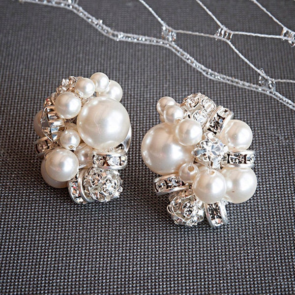 Pearl Cluster Bridal Earrings, Rhinestone and Pearl Stud Earrings, Retro Vintage Style Crystal Pearl Earrings, Wedding Jewelry, ASTER