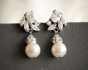 Crystal Bridal Earrings, Art Deco Wedding Earrings, Swarovski Pearl Drop Earring,  Zirconia Dangling Stud Earrings, Wedding Jewelry, HONORA