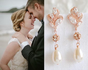 Rose Gold Crystal Wedding Earrings, Swarovski Pearl Bridal Earrings, Leaf Filigree Dangle Drop Earrings, Bridal Bridal Jewelry, BERENICE