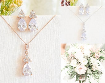 Ensemble de collier de mariage, ensemble de bijoux de mariée, boucles d’oreilles nuptiales d’or rose, collier de mariage en cristal, boucles d’oreilles de goujon de teardrop, collier de pendentif, LYNN