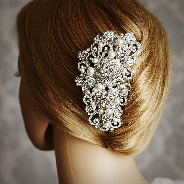 Victorian Bridal Hair Comb, Vintage Style Swarovski Pearl Cluster Wedding Hair Accessories, Crystal Flower Leaf Wedding Hair Comb, ANGELIQUE