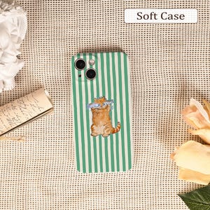 May include: A green and white striped phone case featuring an orange cartoon cat holding fish. The case is a soft case design. The text "Soft Case" is displayed at the top.