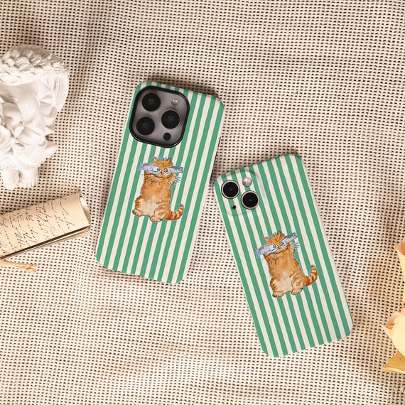 Retro Green Striped Kitten Phone Protective case for iPhone 17 16 15 14 13 12 Pro Max, iPhone 17 16 15 14 Pro, iPhone 16e,Trendy iPhone case