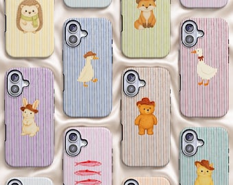 May include: A collection of smartphone cases featuring vertical pinstripes in various pastel colors. Each case displays a small illustration of an animal, such as a hedgehog, fox, duck, rabbit, bear, or cat, or a row of four red fish.