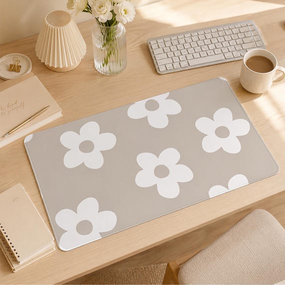 Simple Khaki Floral Print Mouse pad, Flowers Desktop pad, Light Khaki Mouse Pad, Minimalist Desktop Decor, Gift for Her, Personalized Decor