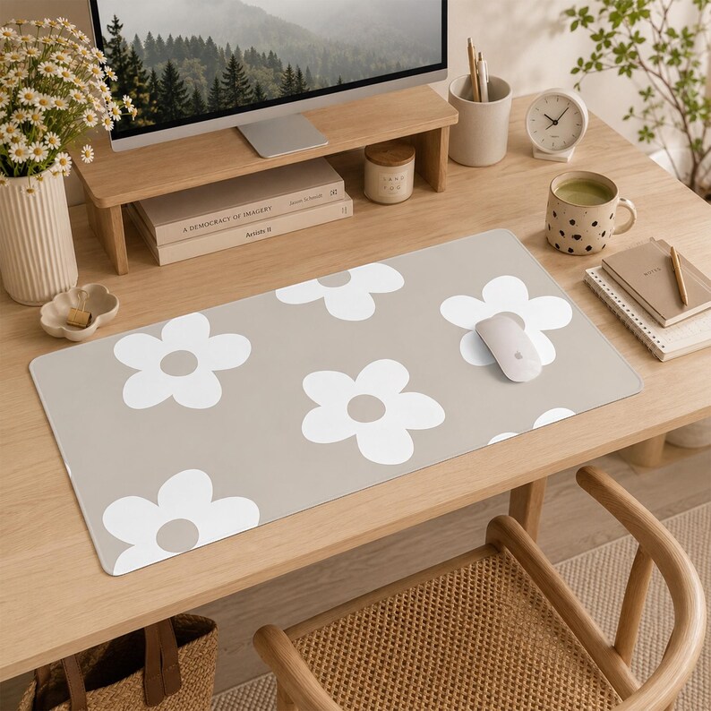 Puede incluir: Una alfombrilla de escritorio rectangular con fondo beige claro y un patr&oacute;n repetitivo de grandes flores blancas de cinco p&eacute;talos con centros beige. La alfombrilla tiene esquinas redondeadas y est&aacute; sobre una mesa de madera con un rat&oacute;n.