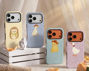 May include: Four smartphone cases featuring vertical pinstripes and animal illustrations. The yellow case shows a hedgehog, the blue case a duck in a hat, the light blue case a cat in a hat, and the pink case a goose with a red bow tie.