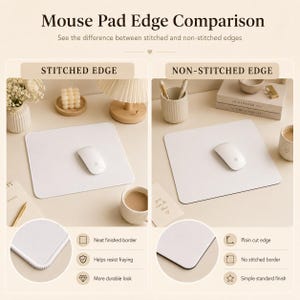 Puede incluir: Un gr&aacute;fico comparativo titulado Mouse Pad Edge Comparison que muestra una alfombrilla de rat&oacute;n blanca con un borde cosido a la izquierda y un borde sin coser a la derecha. Cada lado incluye un rat&oacute;n, accesorios de escritorio e iconos.
