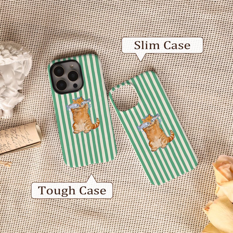 May include: Two phone cases, one assembled and one disassembled, with a green and white striped pattern. Each case features a cartoon cat wearing sunglasses and holding fish. The text "Slim Case" and "Tough Case" are also visible.