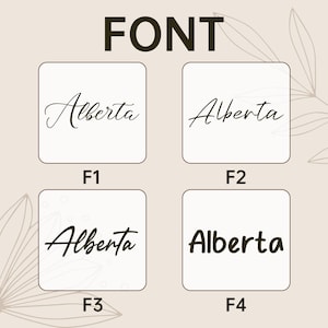May include: A graphic showcasing four different font styles for the word "Alberta." The fonts are displayed in individual white squares against a beige background. The word "FONT" is at the top. The fonts vary from elegant script to bold sans-serif.