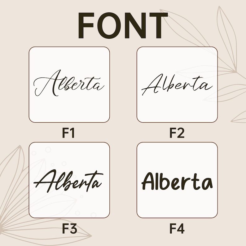 May include: A graphic showcasing four different font styles for the word "Alberta." The fonts are displayed in individual white squares against a beige background. The word "FONT" is at the top. The fonts vary from elegant script to bold sans-serif.