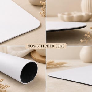 Puede incluir: Una alfombrilla de rat&oacute;n rectangular con una superficie superior blanca lisa y una base de goma negra texturizada. Los bordes no est&aacute;n cosidos, mostrando un corte limpio. La alfombrilla es flexible y se puede enrollar en un cilindro.