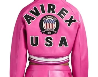 Avirex Women Cropped Pink Leather Bomber Jacket & Skirt Set Genuine Cowhide Leather Jacket Streetwear Fashion Outfit Gift for Her