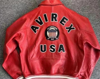 Red Avirex USA Icon Leather Bomber Jacket Genuine Cowhide Varsity Style Biker Jacket, Iconic Avirex Streetwear Fashion Gift for Him