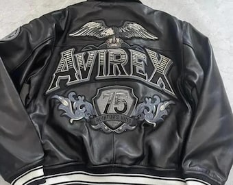 Avirex Black Aviator King 75 Leather Bomber Jacket Men's Handmade Genuine Cowhide Real Leather Jacket Vintage Aviator Style Gift for Him