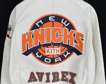 Men’s White Avirex Leather Jacket Handmade Genuine Cowhide Avirex Biker Racing Jacket KNICKS KITH Zipper Jacket Streetwear Gift for Him