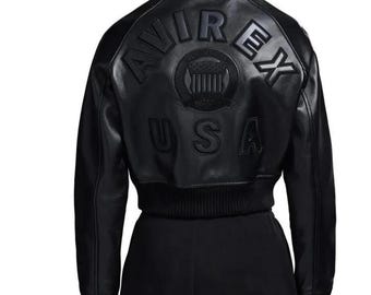 Avirex USA Cropped Icon Black Leather Jacket Women’s Bomber Jacket Genuine Cowhide Varsity Style Streetwear Fashion Jacket Gift for Her