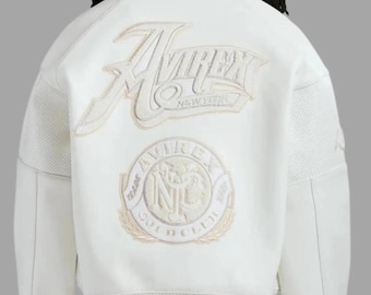 Chaqueta bomber de cuero blanco Avirex con logo bordado Gold Club, chaqueta de motociclista de cuero genuino perforado de vaca, regalo de cumpleaños para él