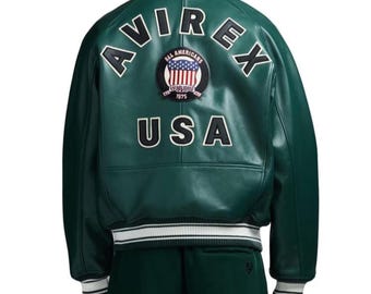 AVIREX USA Edition Icon Jacket In Green Color Military Bomber Jacket Men's Bomber Jacket Original Leather Jacket For Him Gift For Him