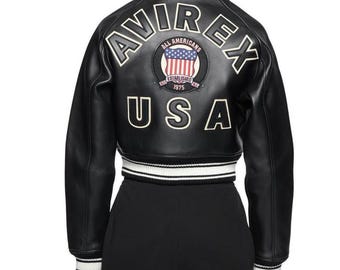 Avirex USA Cropped Icon Black Leather Jacket Women’s Bomber Jacket Genuine Cowhide Varsity Style Streetwear Fashion Jacket Gift for Her