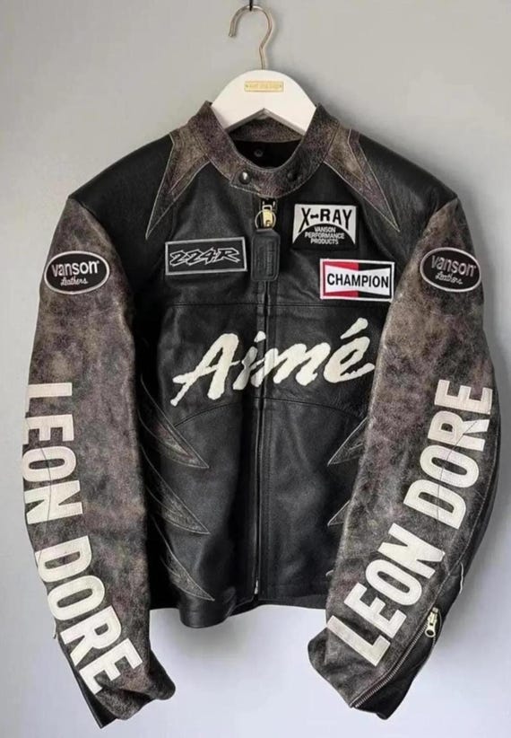 Vintage Aime Leon Dore Leather Jacket Vanson Motorcycle Racing Biker Jacket Genuine Cowhide Streetwear Leather Coat Gift for Him Her