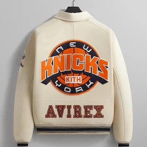 Kith x Avirex New York Knicks Leather Jacket Genuine Cowhide Leather Bomber Jacket Premium Streetwear Varsity Coat Gift for Him / Her image 3