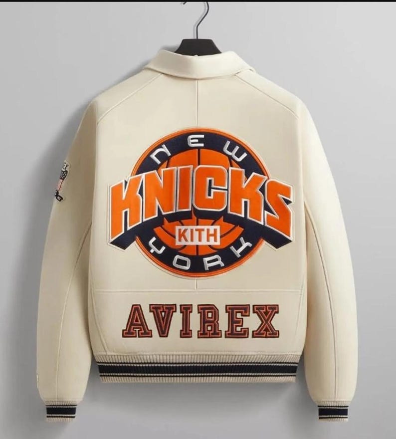 Kith x Avirex New York Knicks Leather Jacket Genuine Cowhide Leather Bomber Jacket Premium Streetwear Varsity Coat Gift for Him / Her image 3