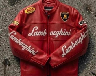Chaqueta de cuero Lamborghini Racing para hombre, roja, de piel de vacuno auténtica, estilo motero, Cafe Racer, regalo para aficionados a la F1.