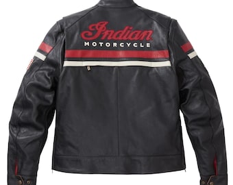Chaqueta de cuero para motocicleta india, negra y roja, de cuero de vaca genuino, chaqueta de carreras para motocicleta, chaqueta de motociclista clásica, regalo para él