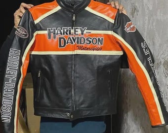 オレンジのハーレーダビッドソンスタイルレザージャケット – メンズ
