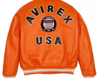 Avirex USA Edition Orange Leather Bomber Jacket Genuine Cowhide Leather Biker Jacket Varsity Style Iconic Avirex Jacket Gift for Him
