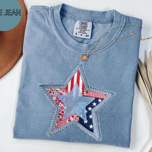 愛国的な星柄シャツ、アメリカンスターパッチシャツ、7月4日シャツ（女性用）、アメリカ国旗星柄Tシャツ、独立記念日衣装