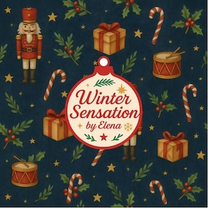 Puede incluir: Un patrón festivo sobre un fondo azul oscuro con un cascanueces, regalos envueltos, bastones de caramelo, tambores, acebo y estrellas. El diseño incluye un adorno circular con el texto "Winter Sensation by Elena".