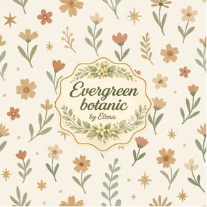 Puede incluir: Patrón floral acuarela sobre fondo crema. El diseño presenta diversas flores en tonos melocotón, marrón y crema, junto con hojas verdes y formas de estrella. Un emblema central dice "Evergreen botanic by Elena".