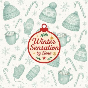 Puede incluir: Ilustración en acuarela con temática invernal. La imagen presenta gorros, mitones, tazas de chocolate caliente, bastones de caramelo y copos de nieve de color azul claro. Un adorno rojo con el texto "Winter Sensation" está en el centro.
