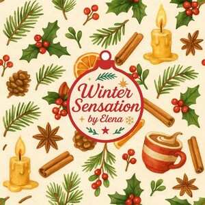 Puede incluir: Ilustración festiva con un patrón repetido de elementos de las fiestas de invierno. El diseño incluye velas, palitos de canela, piñas, acebo y una taza de chocolate caliente. Un adorno central dice "Winter Sensation by Elena."