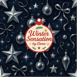 Puede incluir: Un fondo azul oscuro con adornos navideños plateados, estrellas y cintas. Un adorno circular con el texto "Winter Sensation by Elena" en rojo y dorado está en el centro. El diseño evoca un tema invernal festivo.