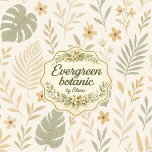 Puede incluir: Un patrón botánico con hojas y flores verdes, beige y amarillas sobre un fondo crema. El diseño incluye el texto "Evergreen botanic by Elena" dentro de un marco decorativo.