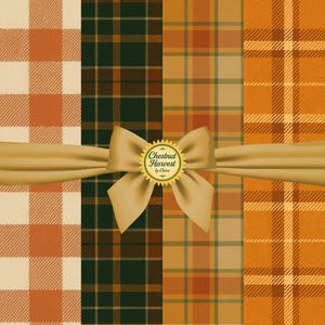 Puede incluir: Una colección de cuatro patrones de cuadros en tonos naranja, verde y beige, atados con una cinta y un lazo dorados. El lazo presenta una etiqueta circular con el texto "Chestnut Harvest by Elena". Los patrones incluyen cuadros vichy y varios diseños de cuadros.