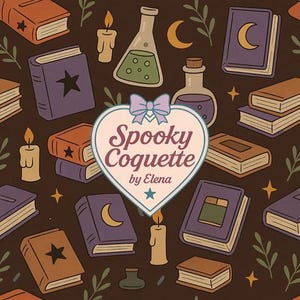 Puede incluir: Un patrón repetido con libros, velas, botellas de pociones y lunas crecientes en tonos marrón, naranja, morado y verde. El texto "Spooky Coquette by Elena" se muestra en un emblema en forma de corazón con un lazo.