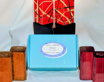 Handmade Exotic Wood Salt and Pepper Shakers, Purpleheart & Leopardwood or Vintage look guitar tribute.
