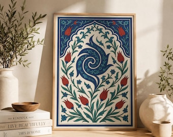 Floral Tulip Wall Art, Turkish Tile Canvas Print, Vintage Ottoman Decor, Mediterranean Home Accent