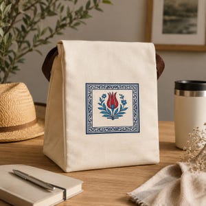 Turkish Tulip Lunch Bag, Floral Canvas Tote, Folk Art Insulated Bag